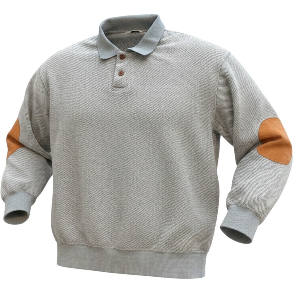 Orvis Mens‎ XL Blue Textured Polo Sweatshirt Leather Elbow Patches Long Sleeve